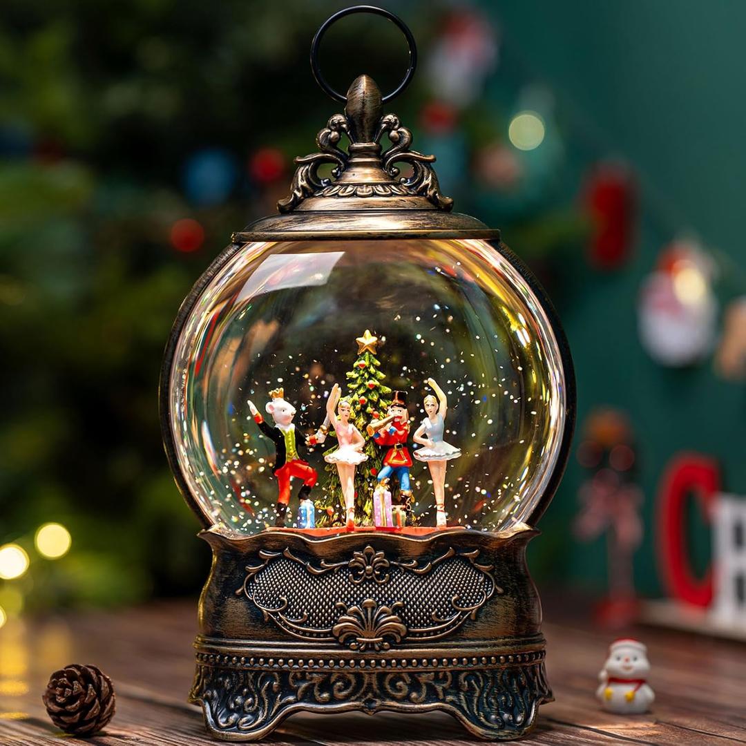 Nutcracker Ballet Scene Christmas Snow Globe Lantern Indoor Decor Walnut Soldier with Music,6H Timer,USB Lined/Battery Operated Lighted Lantern for Christmas Festival Decoration Giftsts