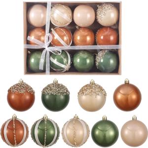 12 Pcs Christmas Ball Ornaments Set Brown Green Champagne Luxury Neutral Shatterproof Christmas Tree Decorations 3.15 Inch Glittering Decorative Hanging Ornament Bulk for Xmas Tree Holiday Party Decor