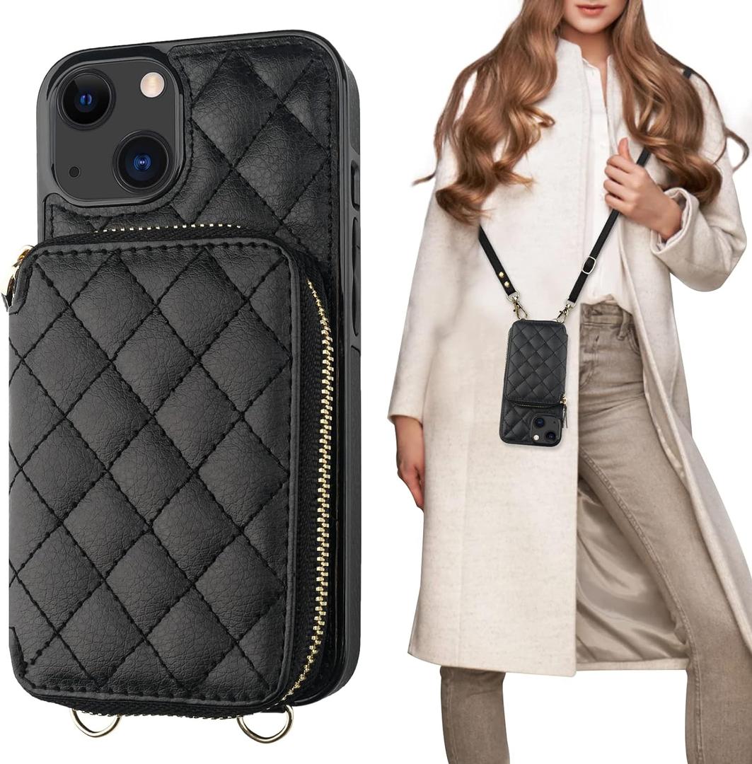 Bocasal Crossbody Wallet Case for iPhone 13, RFID Blocking PU Leather Zipper Handbag Purse Flip Cover, Kickstand Folio Case with Card Slots Holder Wrist Strap Lanyard 5G 6.1 Inch (Black)