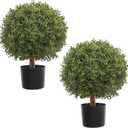 JUSTOYOU 24.5''T Artificial Boxwood Ball Topiary Tree, Set of 2 Bushes Potted Plants for Porch Outdoor or Indoor, Home Decor UV Resistant