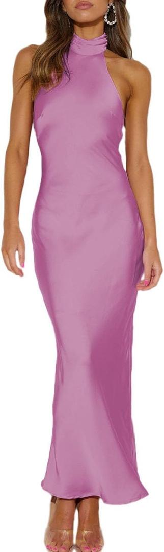 Phicia Sexy Satin Halter Neck Backless Maxi Dress for Women Elegant Tie Cowl Back Formal Wedding Guest Dress for Summer (Pink, XS)