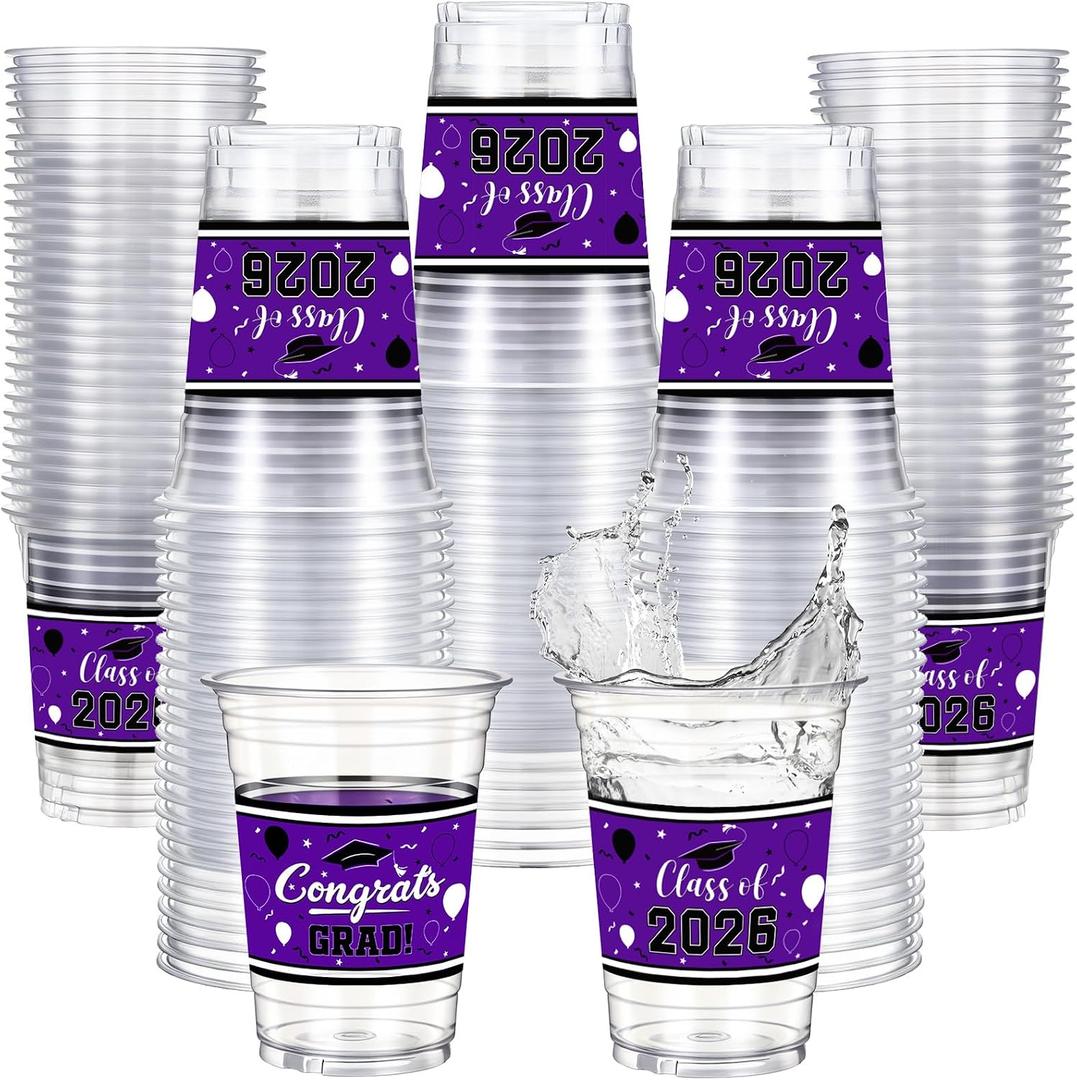 Funnymoom 100 Pcs 16oz 2026 Graduation Cups Disposable Graduation Plastic Cups Class of 2026 Celebration Grad Party Favors(Purple, Black)