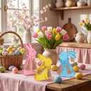 Yerliker 3 Pcs Large Easter Bunny Table Signs for The Home, Easter Bunny Wooden Table Centerpiece Signs with Wooden Beads, Decor, Country Farmhouse Style Decoration and Gift(Colorful)