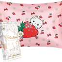 1 Pack Kids Pillowcase - Queen Size 30 x 20 Inches 19 Momme Mulberry Silk Zipper Pillow Case for Hair and Skin Cute Cartoon Kawaii Strawberry Cat Silk Pillowcase for Teens Girls Boys