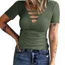 HERILIOS Women Casual Short Sleeve Tunic Tops V-Neck T Shirts Criss Cross Ribbed Slim Fitted Blouse Army Green, XL