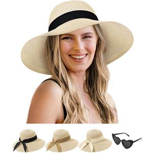 Senker Fashion Sun Hats for Women - Oversize Large Straw Beach Hat for Summer Floppy Wide Brim Packable Roll Up UPF 50+ (Beige)
