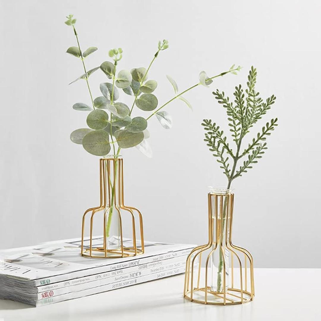 2 Pcs Gold Flower Vase with Metal Frame, Clear Glass Test Tube Vases Decorative, Small Bud Vases Gifts use for Wedding Decoration Table Flower Decoration Interior Living Room