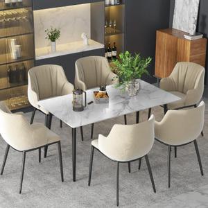 Dining Table with Marble Sintered Stone White 55" Rectangular Dining Room Table with Metal Legs for 4-6 People, Scratch Resistant & Easy to Clean, Table Only