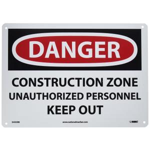 NMC D493RB OSHA Sign, Legend "DANGER - CONSTRUCTION ZONE UNAUTHORIZED PERSONNEL KEEP OUT", 14" Length x 10" Height, Rigid Plastic, Black on White