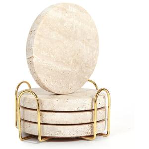 4Pcs Travertine Coasters with Nature Limestone Material and Gold Metal Holder, 4Diameter Round Shape Bar Coasters Set with Cork Pad for Housewarming Christmas Birthday Gift