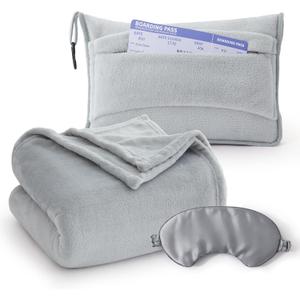 Bedsure Travel Blanket Airplane Compact with Storage Bag, Packable Blanket with Eye Mask, Lightweight 2-in-1 Travel Essentials, Functioned as Pillow for Airplane Comfort and Warmth, Grey