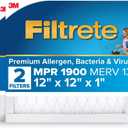 Filtrete 12x12x1 AC Furnace Air Filter, MERV 13, MPR 1900, Premium Allergen, Bacteria & Virus Filter, 3-Month Pleated 1-Inch Electrostatic Air Cleaning Filter, 2-Pack (Actual Size 11.81x11.81x0.78 in)