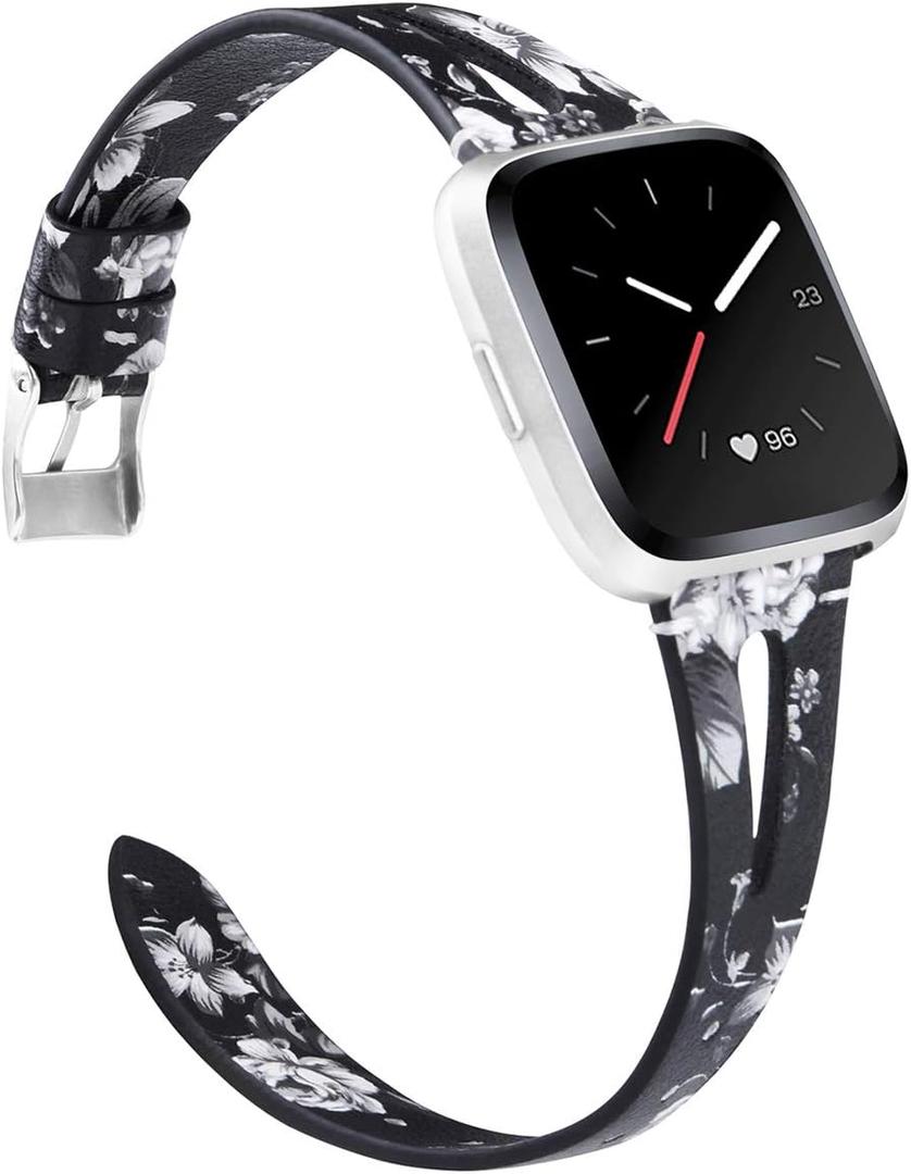 TOYOUTHS Leather Strap Compatible with Fitbit Versa Bands for Women & Men - Genuine Leather Breathable Wristbands with Ventilated Hole - Replacement Black/Grey Floral