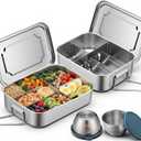 2 Pack Stainless Steel Bento Box 5 Compartment Kit 50oz/1500ml Metal Bento Lunch Box Container with Handle and 2 Pcs 80ml Round Sauce Cups Leak Proof Lockable Clips for Kids or Adults