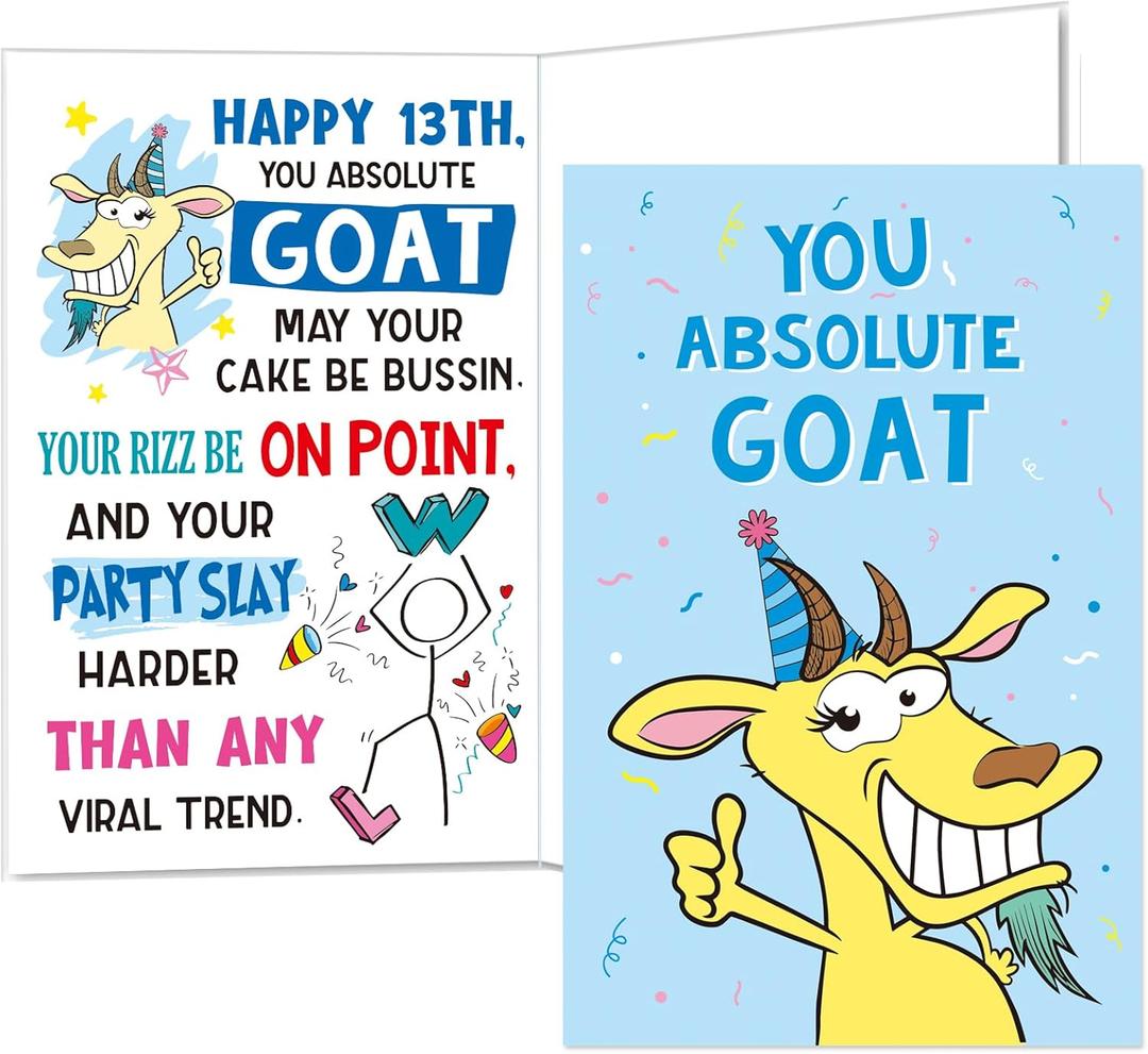 7 x Funny 13th Birthday Card for Teens | Goat & Stick Figure Theme with Teen Slang Humor, Hilarious Greeting Card for Boys & Girls, Fun Gag Gift with Envelope & Sticker