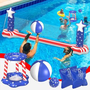 Gardentime Inflatable Volleyball Net and Basketball Hoops Pool Floating Toys Swimming Water Games for Adults and Kids 8-12 Teens Volleyball Court (122x25x40) American Flag Summer Floaties