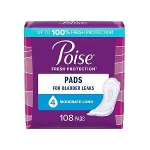 Poise Incontinence Pads for Women, 4 Drop, Moderate Absorbency, Long, 216Ct, White