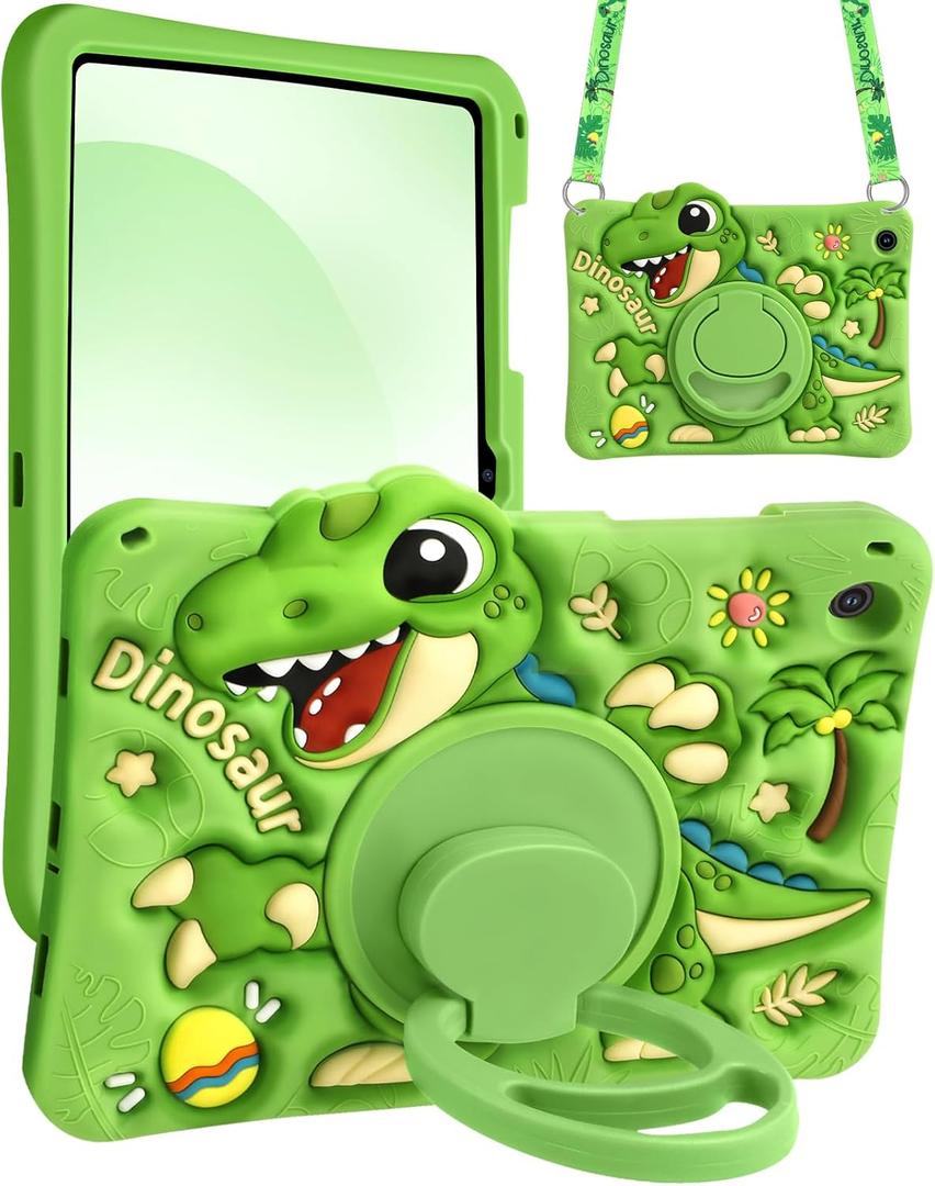Boaretiu for Galaxy Tab A9 Plus 11 Inch 2023 Case - Cute Cartoon with Shoulder Strap & Rotating Stand for Boys Girls Teens Soft Silicone for Samsung A9+ Tablet Case, Green Dinosaur
