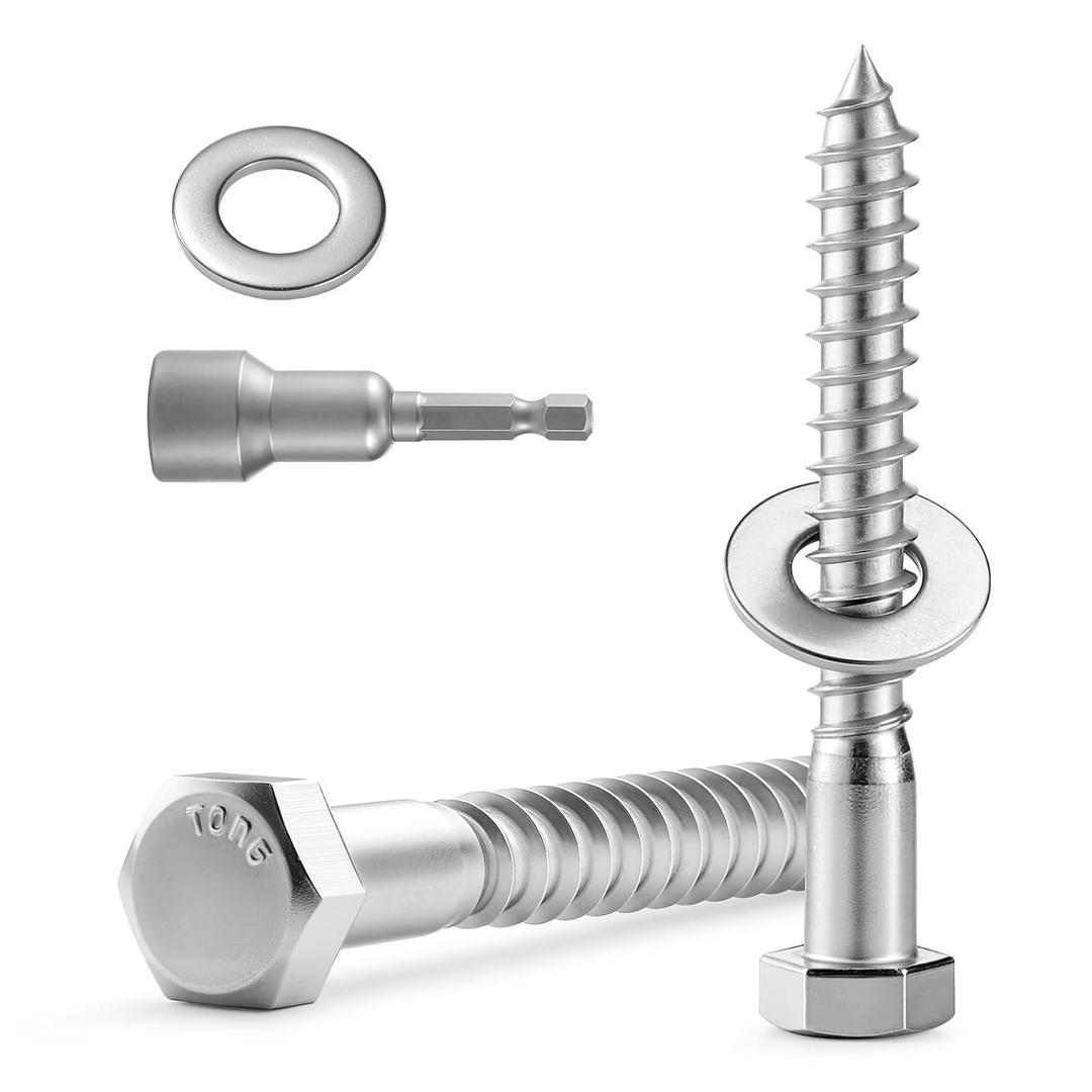 9 Sets 5/16" x 4" Hex Head Lag Screws Bolts with Flat Washers 304 Stainless Steel 18-8 Heavy Duty Lag Screw for Wood, Driver Bit Included (Silver)
