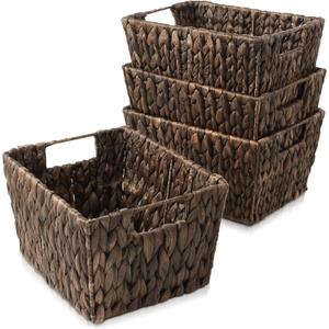 Casafield Set of 4 Water Hyacinth Storage Baskets with Handles - Espresso Brown, Woven Storage Bins for Shelves, Blankets, Laundry Organization