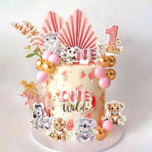 40Pcs Wild One Cake Topper Safari 1st Birthday Decorations Girl Jungle Wild One Cake Decorations Safari Zoo Animal First Birthday Party Cake Toppers Baby Shower