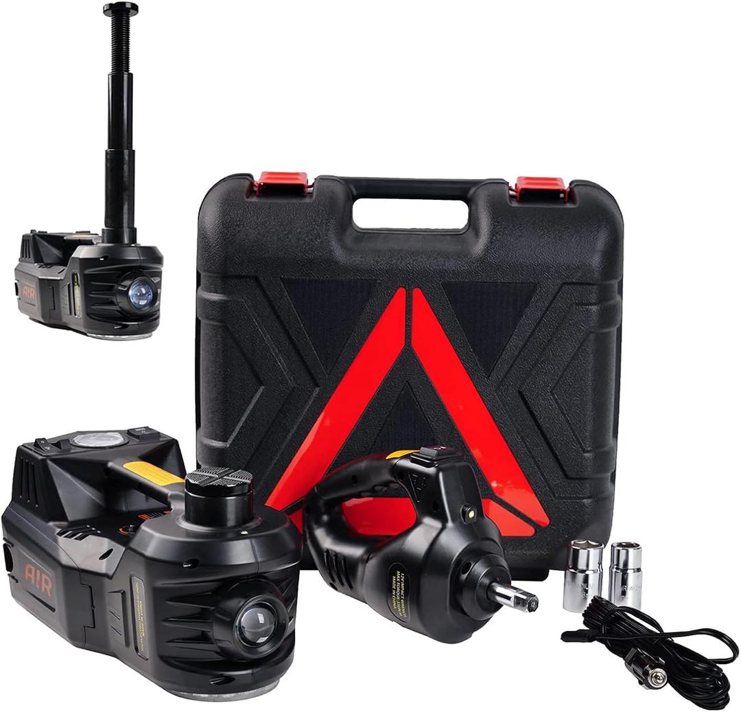 ROGTZ Electric Hydraulic Car Jack Kit 5 Ton 12V Portable Lift Range 17.7 Inch with Impact Wrench and Tire Inflator Pump for SUV Sedan Truck Car Repair Floor Jack for Vehicle Tire Change with LED Light (Color: Black+Wrench)