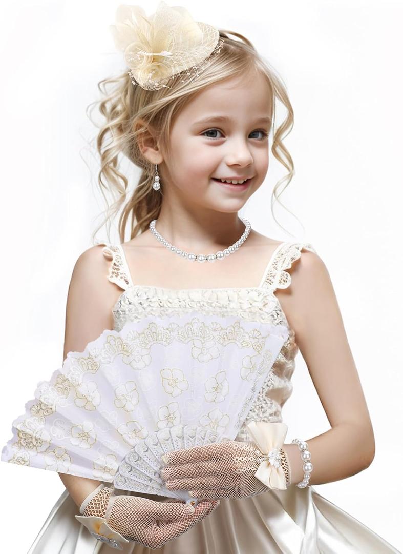 Zinniday Girls Fascinator Tea Hat - Tea Party Set for 1920s Costume Party, Off White Church Top Hats with Pearl Necklace Earring Hand Fan and Lace Gloves Set
