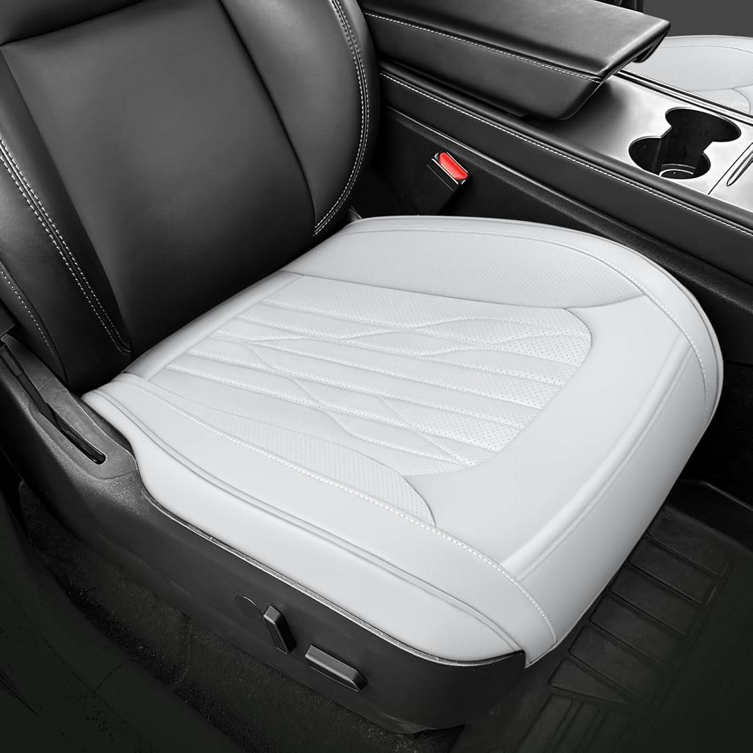 SanQing Car Seat Cover 2PCS Luxury Napa Leather Seat Covers for Tesla Model 3/Y Car Front Seat Bottom,Heavy Duty Seat Cushion Protector Without Backrest (White Front)