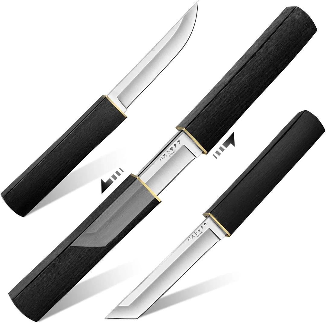 Moontay Mini Katana Knives Set  2 in 1 Janpanese Tanto Knife with Integrated Wood Sheath & Handle, Stainless Outdoor Double Knife Set, Short Samurai Swords for Camping Survival BBQ, Christmas Gifts (Black)