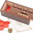 Coin Drop Game for 2-6 Players, Penny Game Contains 50 Coins, Wooden Game Box and 1 Dice, a Fun Board Game to Interact with Family and Friends