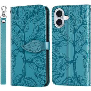 Wallet Case for Apple iPhone 16 6.1", Short Strap Leather Case for Apple iPhone 16,Folio Cover for iPhone 16 2024 Flip Case with Card Holder - Turquoise