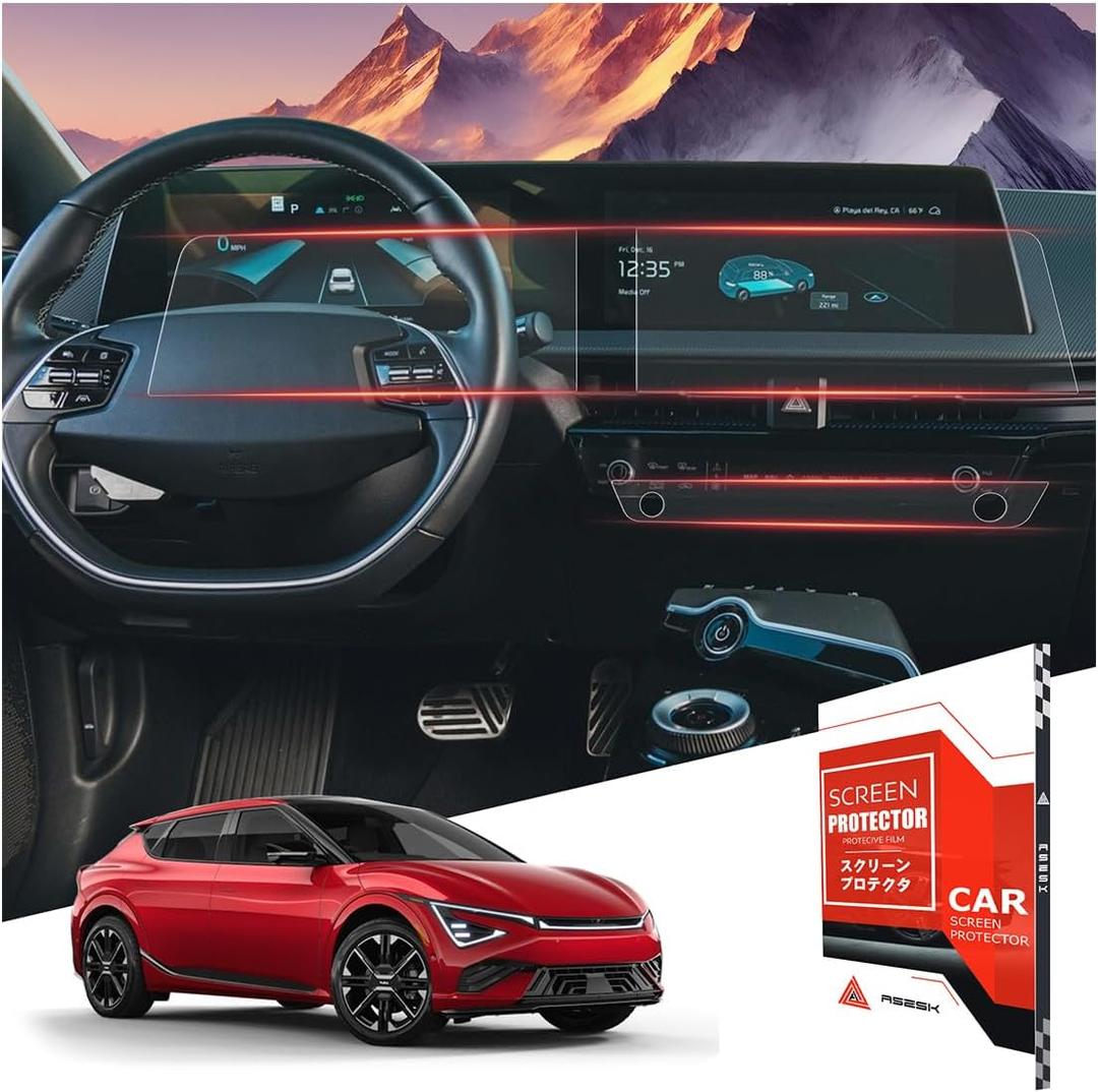 For 2022~2025 Kia EV6 (Wind/GT-Line/GT/Light/First Edition) 12.3 Inch+Dash Glossy Screen Protector - [More Clear& Smooth] - Mil-Grade 9H+ Tempered Glass - Touchscreen *2 + Nano Dash*2