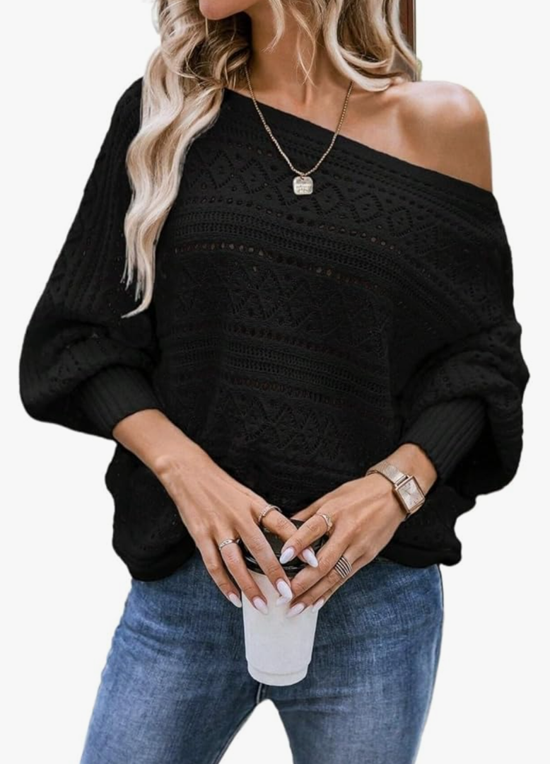 Long Sleeve Pullovers Womens Loose Fit Bat Sleeve Sweater, Autumn/Winter Black L