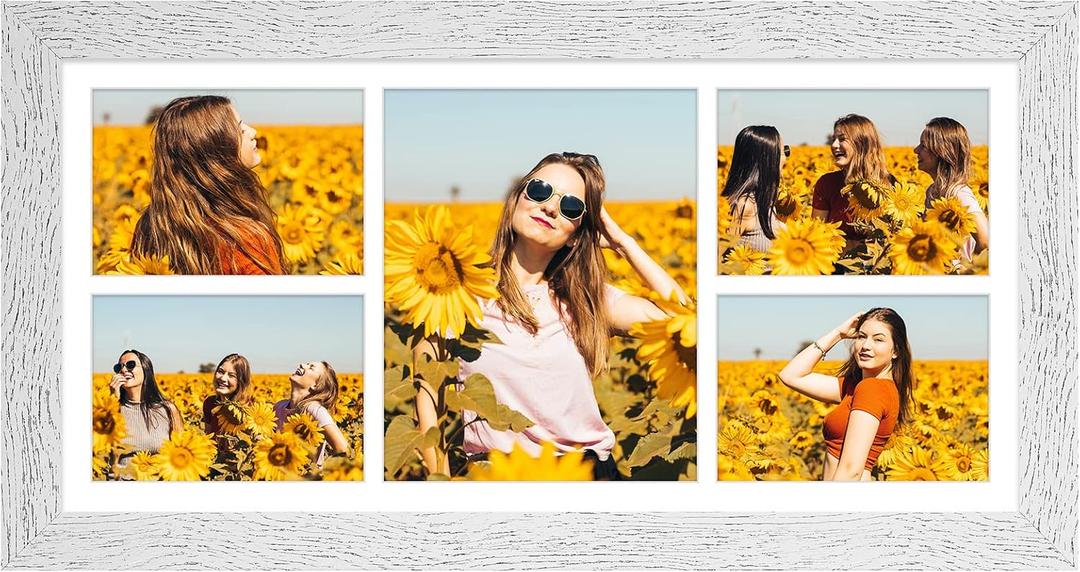 11x23 Picture Frame Display 5 opening 5x7 and 8x10 Picture Frame Collage,Multi Photo Frame with Mat,Plexiglass,Horizontal and Vertical Formats for Wall Decor,Distressed White Wood Grain