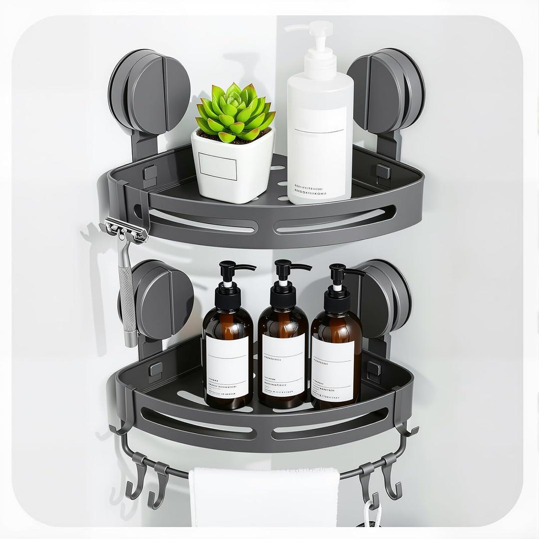 Corner Shower Caddy Suction Cup Shower Shelf No Drilling Bathroom Shower Organizer Storage Rack with Towel Bar Hooks
