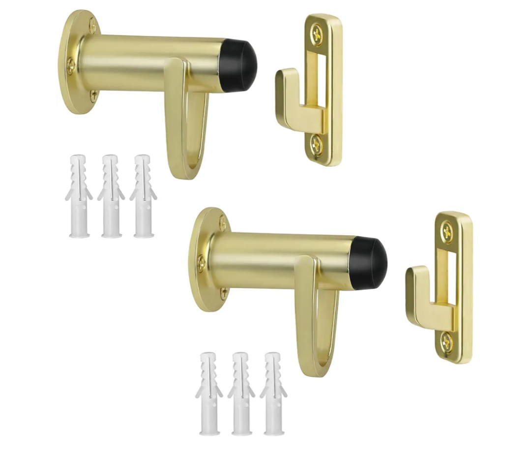 HOMOTEK 2 Pack Heavy Duty Door Stopper with Manual Hook Windproof,Door Holder Stop with Sound Dampening Rubber Bumper Wall Mounted, Brushed Brass