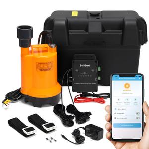 Briidea Battery Backup Sump Pump System for Basement, 12V Battery Compatible (Battery Not Included), Dual 2.4G/5G WiFi Monitoring, Electronic Water Level Sensor, Smart Alarm System
