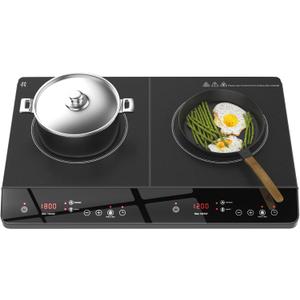 Double Induction Cooktop, 1800W Portable Induction Cooktop 2 Burner Independent Touch Control, Ceramic Electric Stove with 9 Temperature and Power Level, Safety Lock, 3 Hour Timer - Black