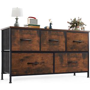OLIXIS 5 Drawer Dresser for Bedroom, Wide Fabric Storage Tower with Wooden Top and Metal Frame, Closet Chest Organizer Furniture, TV Stand for Living Room Hallway, Brown, 11.8"D x 39.4"W x 20.9"H
