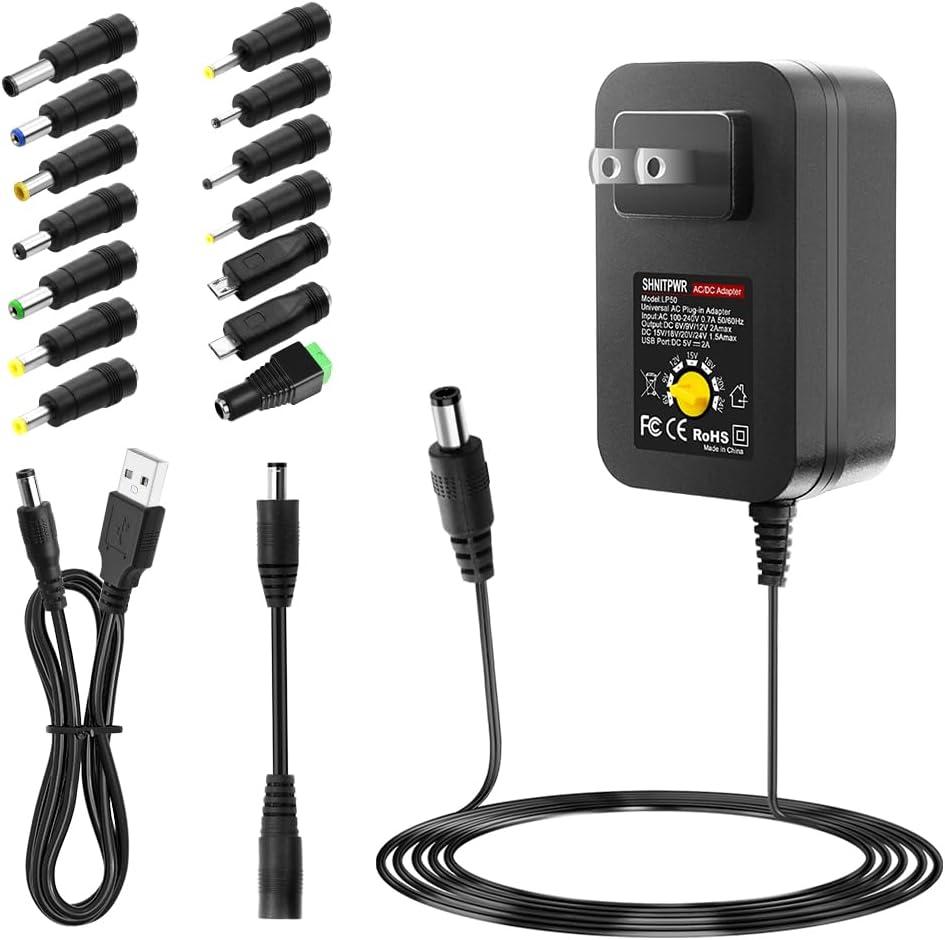 SHNITPWR 36W Adjustable Power Supply DC 6V~24V Universal Power Adapter 6V 9V 12V 15V 18V 20V 24V Variable Power Supply with 5V 2A USB Port AC/DC adapter Multi-Voltage 100~240V AC to DC Power Converter