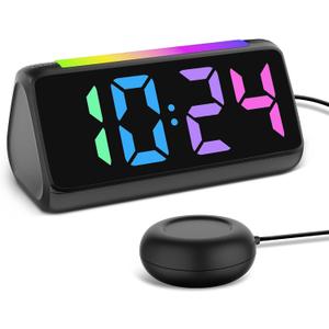 Netzu Alarm Clocks for Bedrooms Heavy Sleepers, Vibrating Alarm Clock with Bed Shaker, Night Light, RGB Display, Dimmer, Snooze for Hearing Impaired People (Black)
