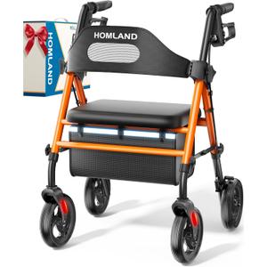 HOMLAND Foldable Rollator Walkers with Seat for Seniors, 8'' Big Wheels, 350 lb. Weight Capacity, Adjustable Handles and Seat Height, Lightweight Rolling Walker, Orange