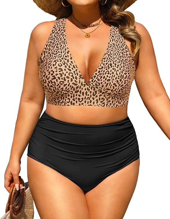 Daci Plus Size High Waisted Bikini - Two Piece Swimsuit Tummy Control Bathing Suit Sexy V Neck Swimwear 2025 22W, Brown Lepoard