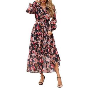 PRETTYGARDEN Women's Fall Dress 2025 Casual Long Sleeve Button Down Belted Boho Floral Flowy Maxi Wedding Guest Dresses M
