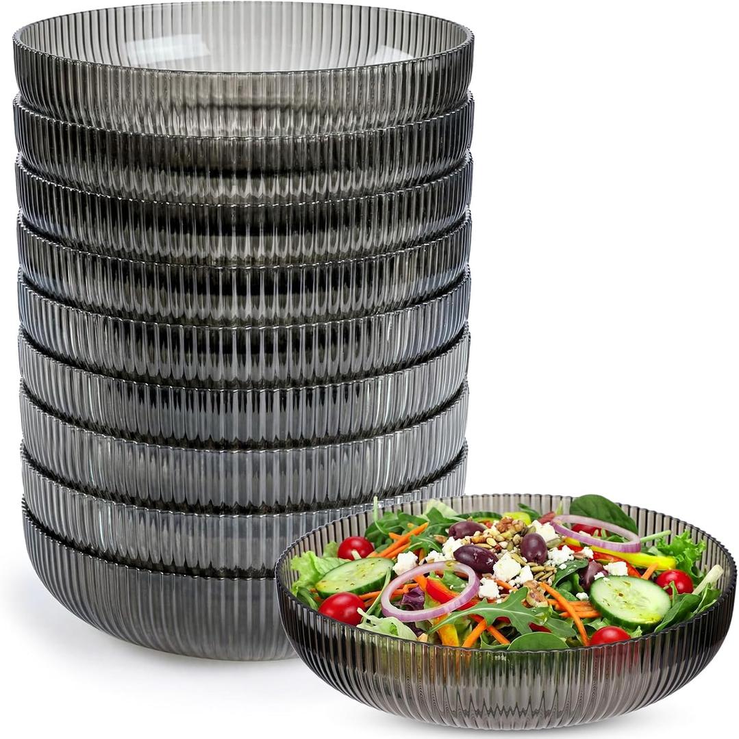 10 Pack 10 Inch Glacier Grey Large Plastic Serving Bowls Salad Mixing Bowl Vertical Ribbed Pattern Buffet Party Serving Bowls for Vegetable Fruit Salad Candy Chip Popcorn Snack