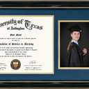 GraduationMall 11x22 Black Diploma Frame with Tassel Holder and Picture for 8.5x11 Certificate 5x7 Photo,Tempered Glass,Navy over Gold Mat