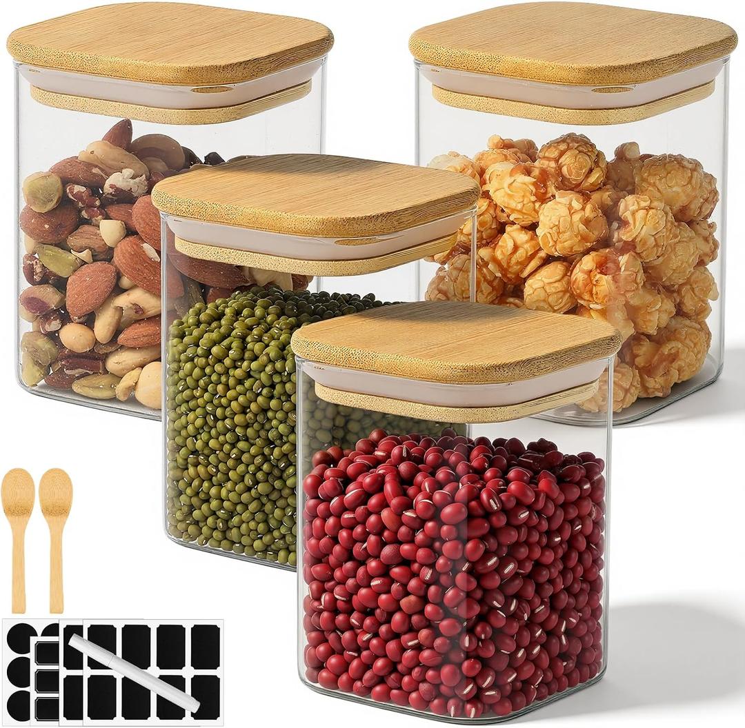 Glass Jars with Bamboo Lids, 15 Fl.oz Glass Storage Jars with Airtight Lids Set of 4, Clear Pantry Containers for Spice, Sugar, Coffee, Tea, Nuts, Beans - Included Labels, Marker and Spoon