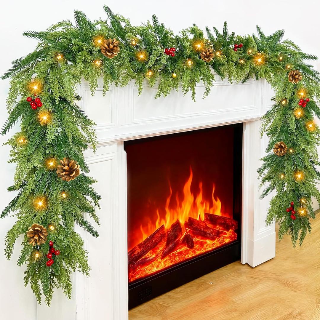 Prelit 50LED - 9 Ft by 12 Inch Christmas Garland with Lights Timer, Real Touch Norfolk Pine Cedar Garland 150 Cypress & 50 Norfolk PE Tips Berries Pine Cones for Indoor Fireplace Mantle Table Decor