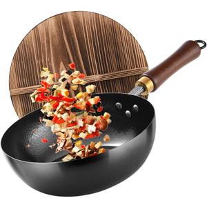 Carbon Steel Wok Pan, 9.5  Woks & Stir-Fry Pans with Wooden Lid Cookwares, Nonstick Wok, No Chemical Coated Flat Bottom Hand Hammered Chinese Wok For for Electric, Induction,Gas Stoves
