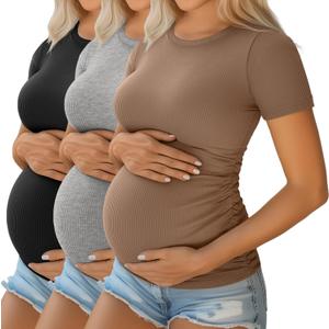 Ficerd 3 Pack Women's Maternity Shirts Cotton Short Sleeve Pregnancy Tops Side Ruched Ribbed Casual Mama tees Clothes (M)